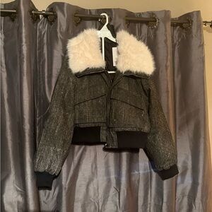 Women's Black and White Fur Collar Jacket